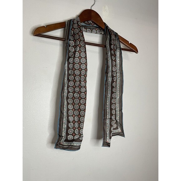 sally gee silk scarf brown teal medallion print 8.5x24" made in japan Vintage - Picture 2 of 7